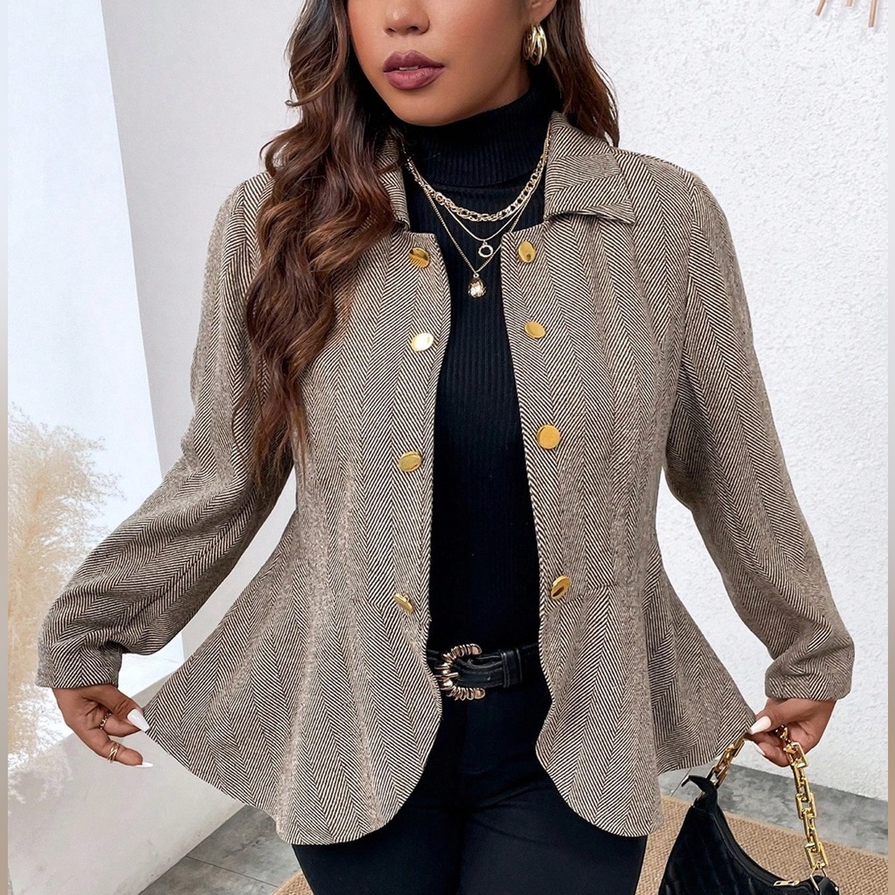 Elegant ruffle hem herringbone brown coat - Picture 6 of 7